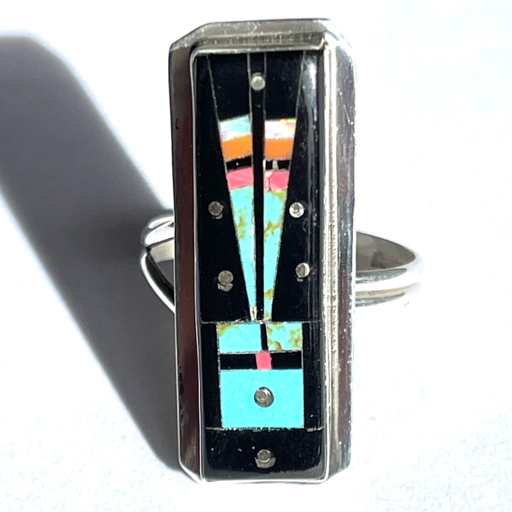 Native American Navajo Night Sky Gemstone Inlaid Rectangular Ring 85 135$